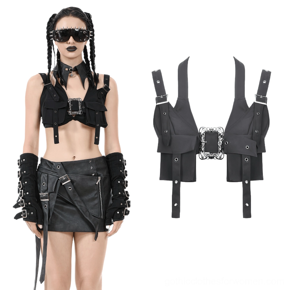 Black harness crop top split shot with model wearing front view and flat lay product view, paired with leather mini skirt and silver hardware