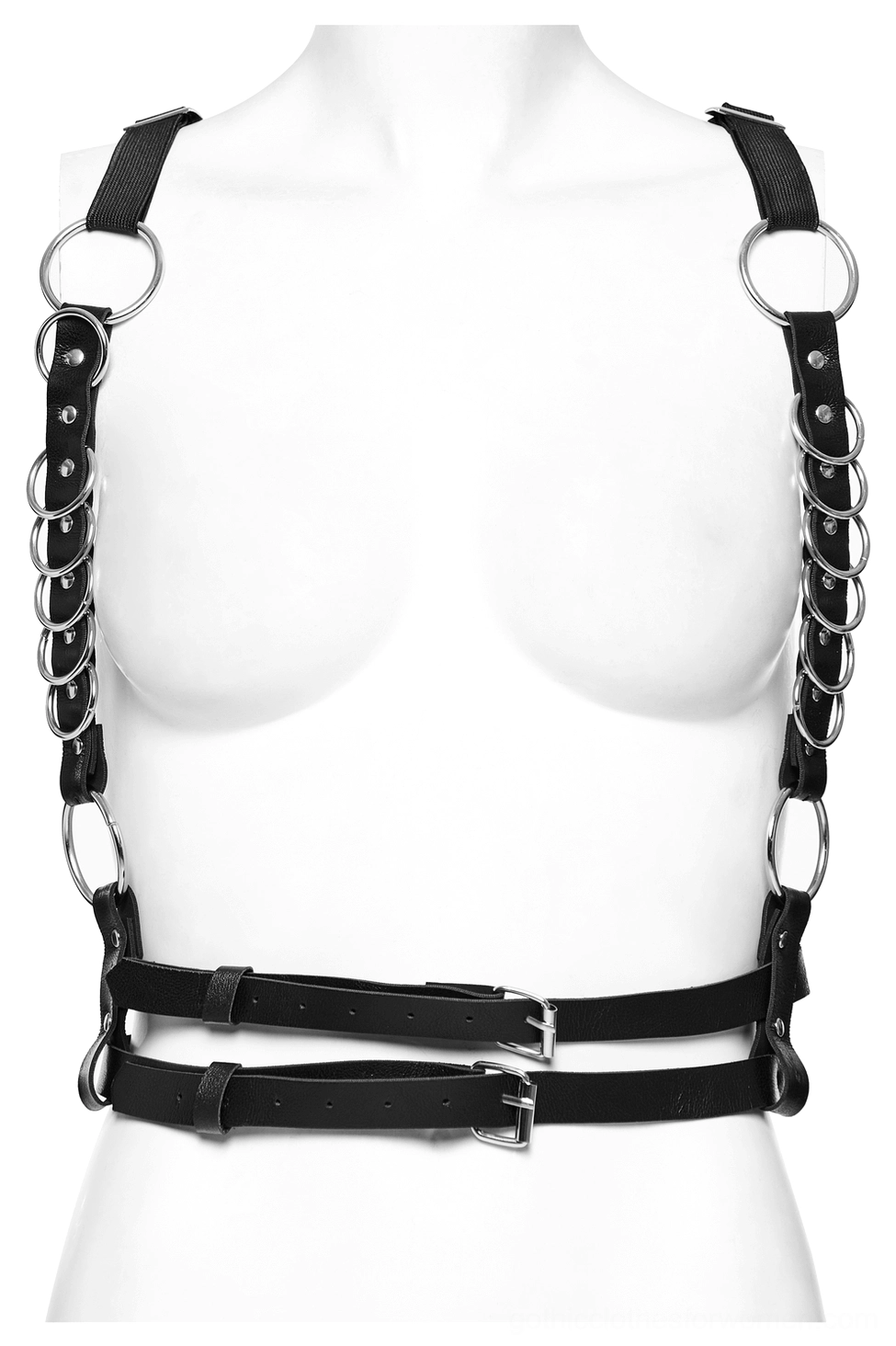 Black leather harness front view with dual adjustable waist buckles and metal ring accents - alternative fashion harness