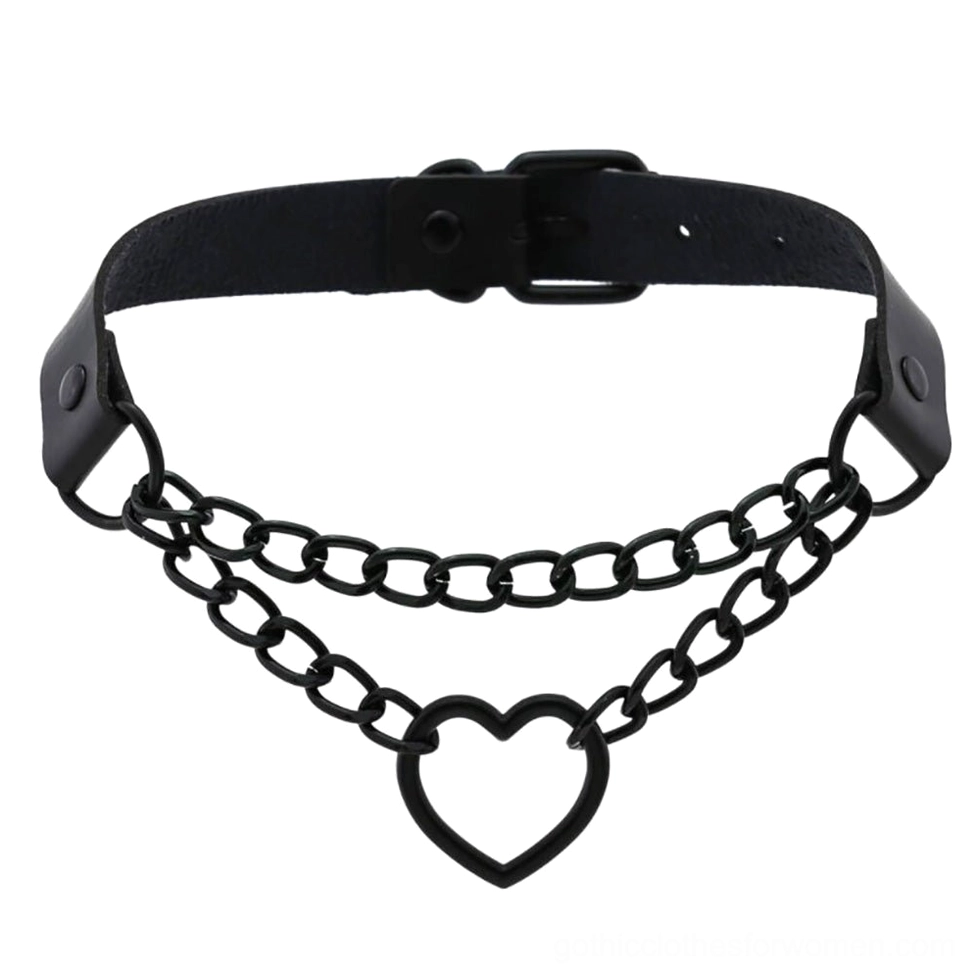 Black heart chain choker flat lay front view showing PU leather strap, adjustable buckle, and hollow heart charm