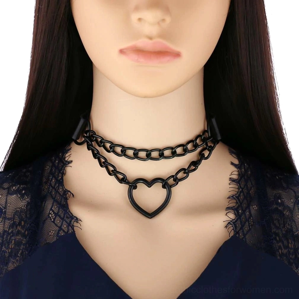 Black heart chain choker necklace worn on mannequin, front close-up view showing matte black hollow heart pendant and dual chain design
