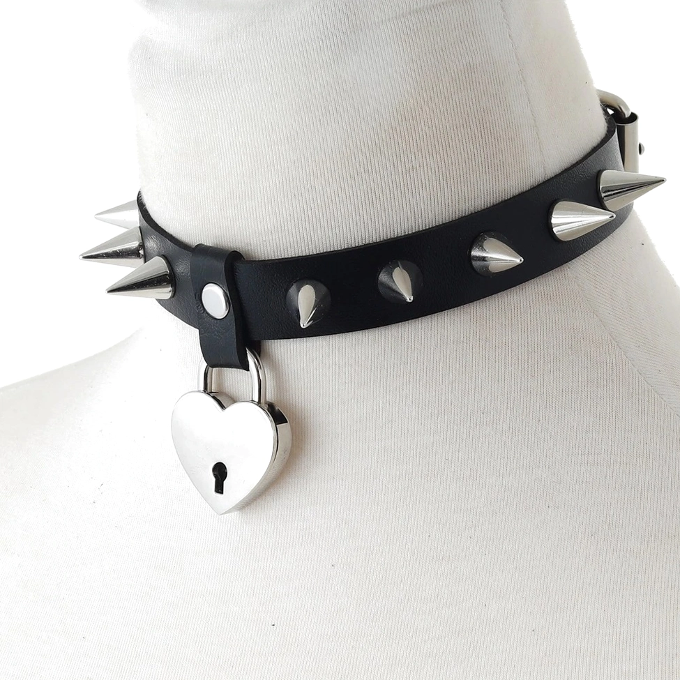 Black heart spiked choker worn on mannequin neck, front view showing how to wear gothic choker