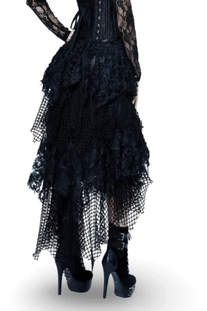 Black gothic high-low skirt back view, displaying asymmetric hem length and matching corset top styling