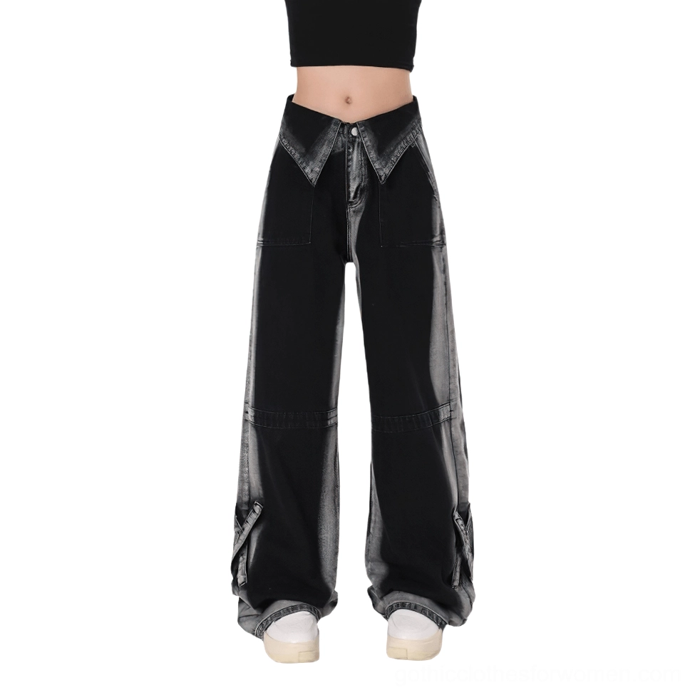 Black high-waist straight denim pants with faded wash and folded waistband detail, front flat lay view on white background