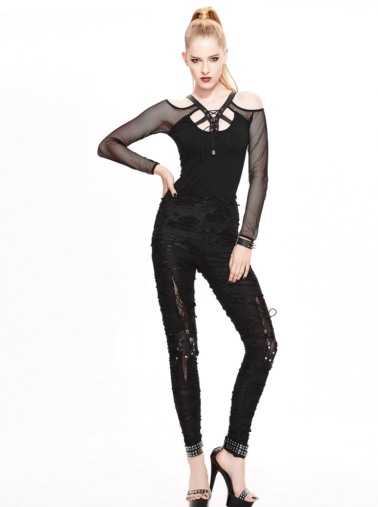 Black high-waist gothic ripped pants full front display shot highlighting distressed layers and design