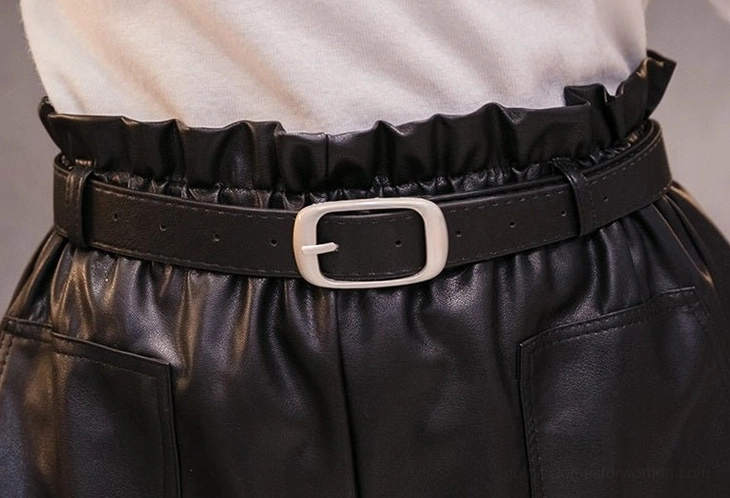 Black PU leather high-waist shorts back view detail, showing seat fit and silhouette proportion