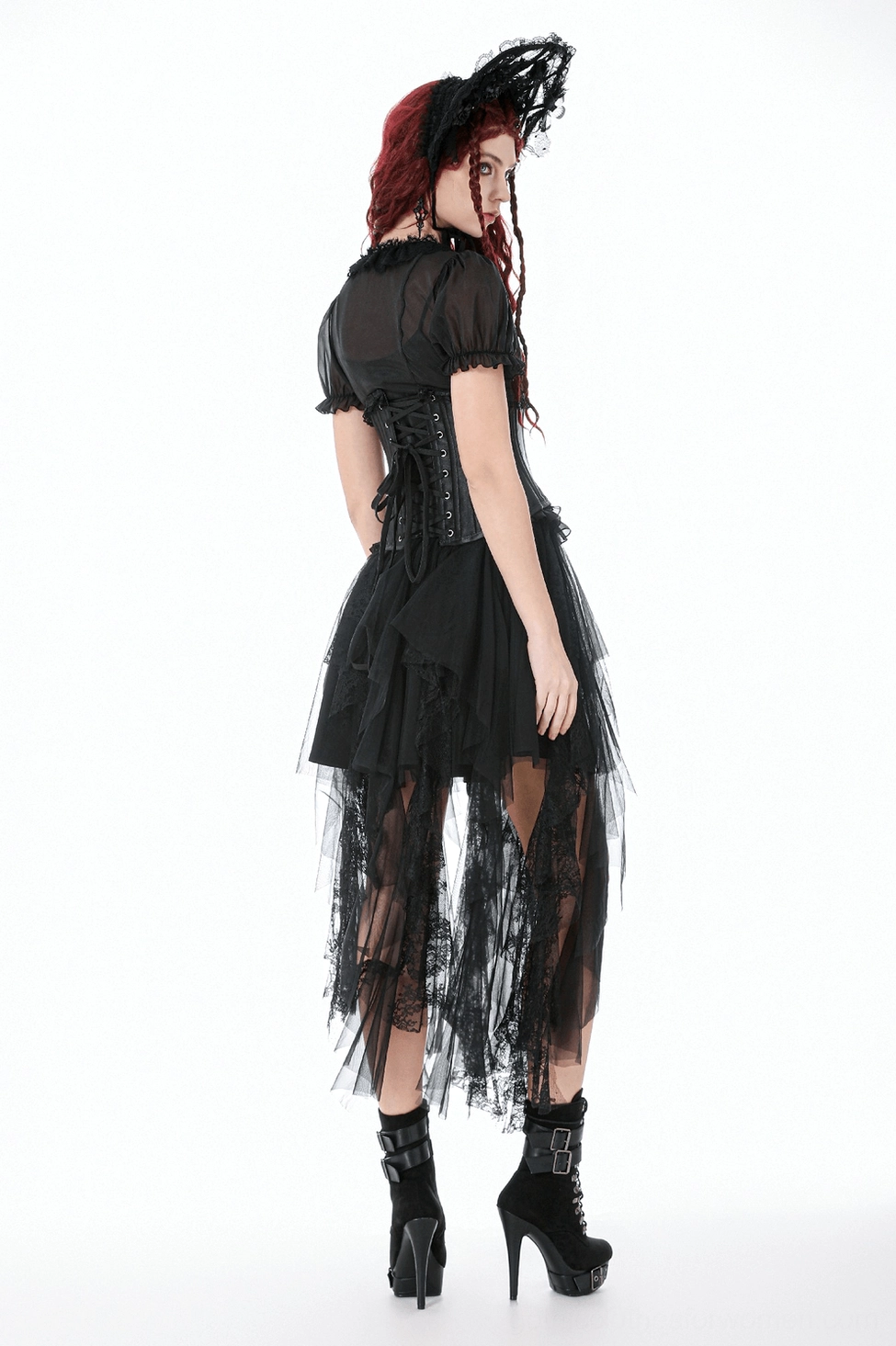 Black high-waist tulle skirt with asymmetrical handkerchief hem and layered tulle strips