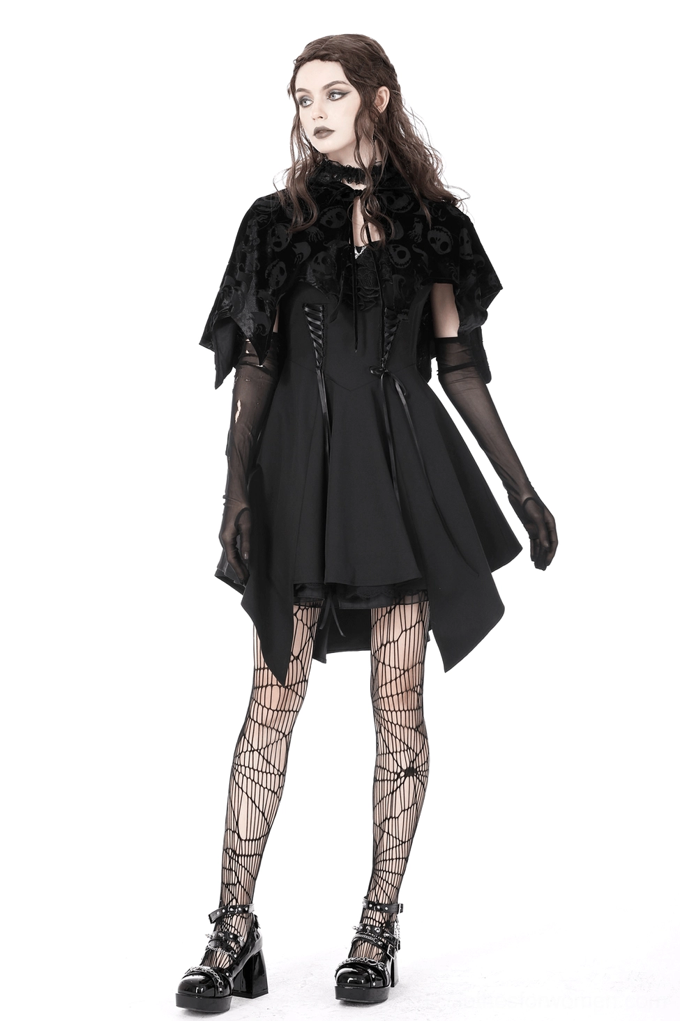 Black hooded cape front angle, skull velvet print, drawstring neck closure, bat-wing hem styling, gothic fashion piece