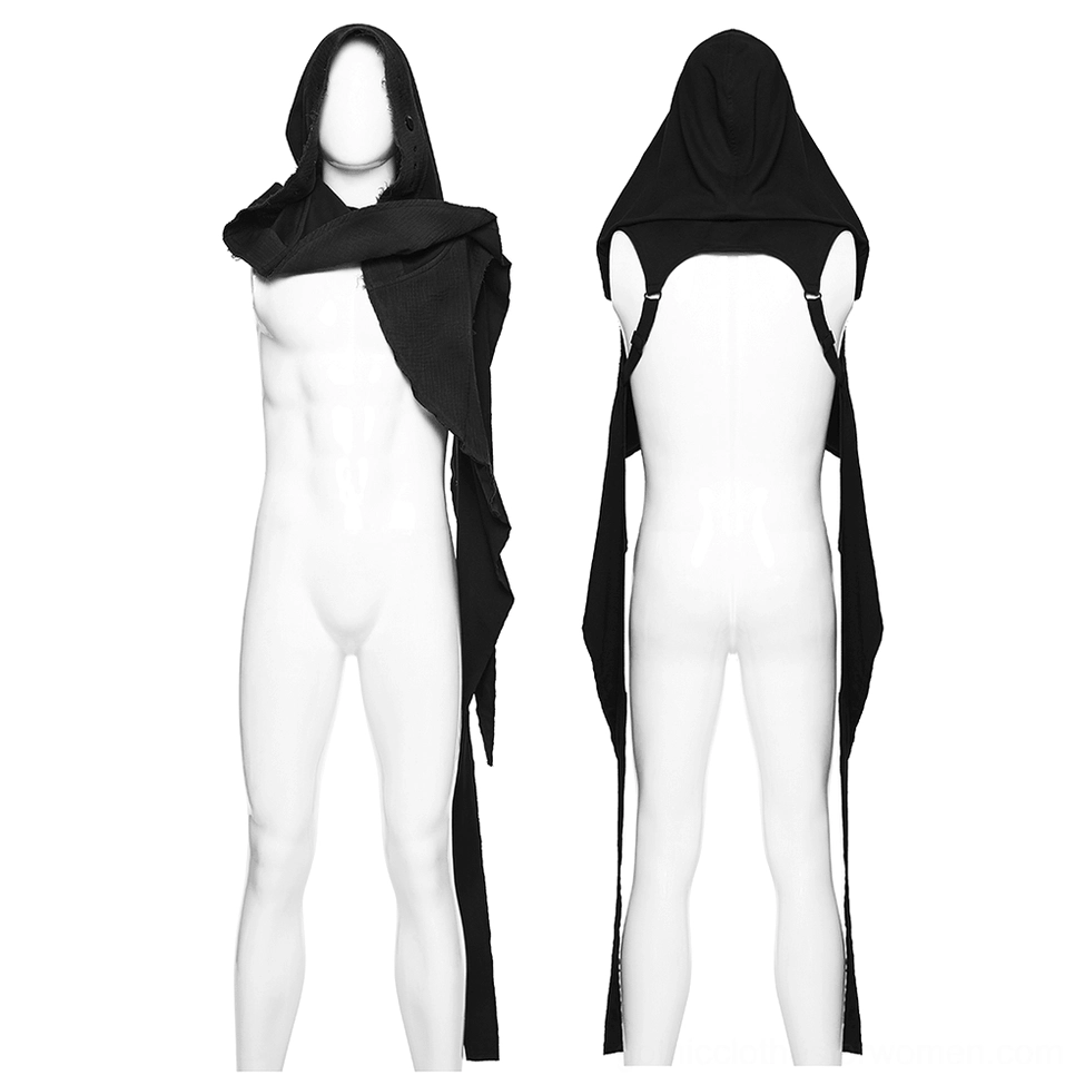 Black hooded cape vest dual front and back view on mannequin, open back design with attached hood and sleeveless construction