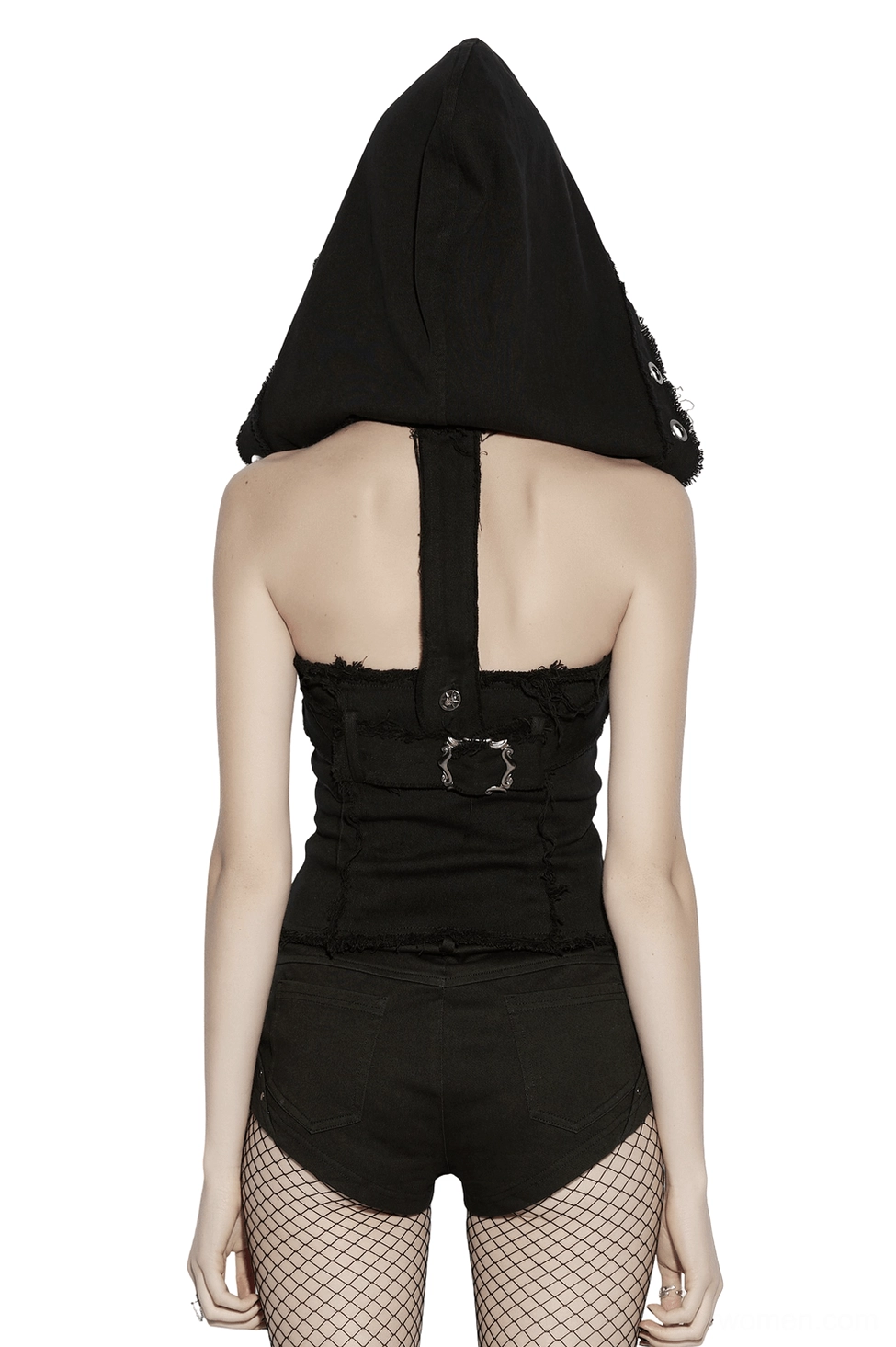 Rear view of black punk denim hooded corset vest showing back buckle strap closure and structured silhouette