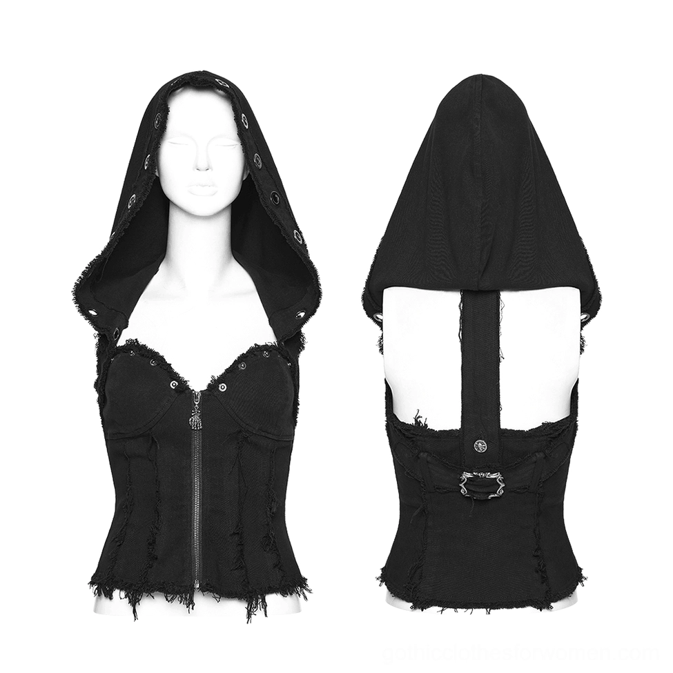 Front and back dual mannequin display of black hooded denim corset vest with metal eyelets, zipper placket, and frayed hem