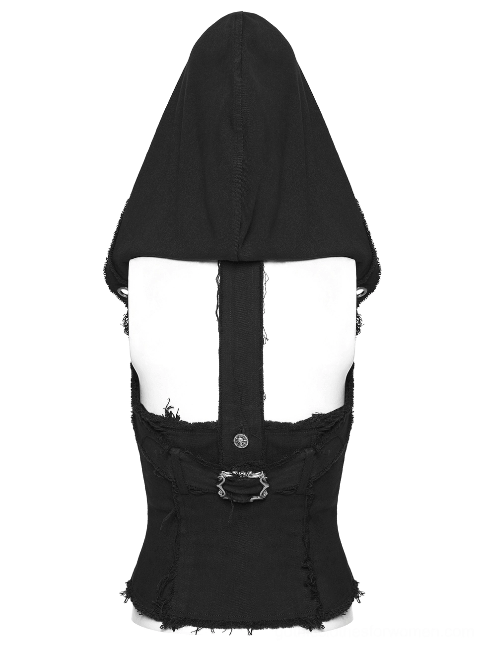 Rear mannequin view of black punk denim hooded corset vest featuring back buckle strap and open back design