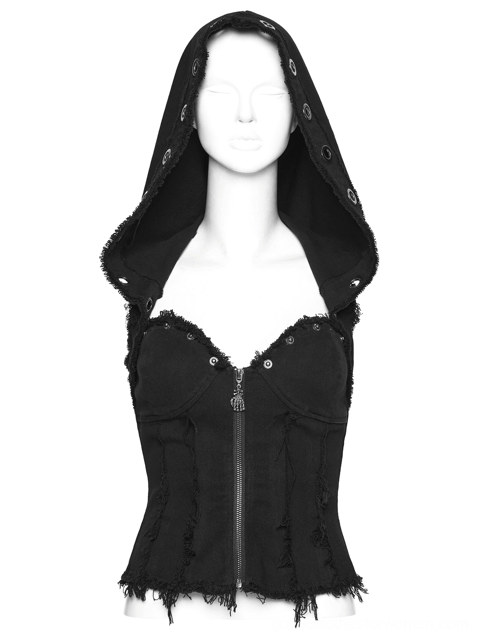 Static mannequin front view of black gothic denim hooded corset vest showing detachable hood and structured waist definition