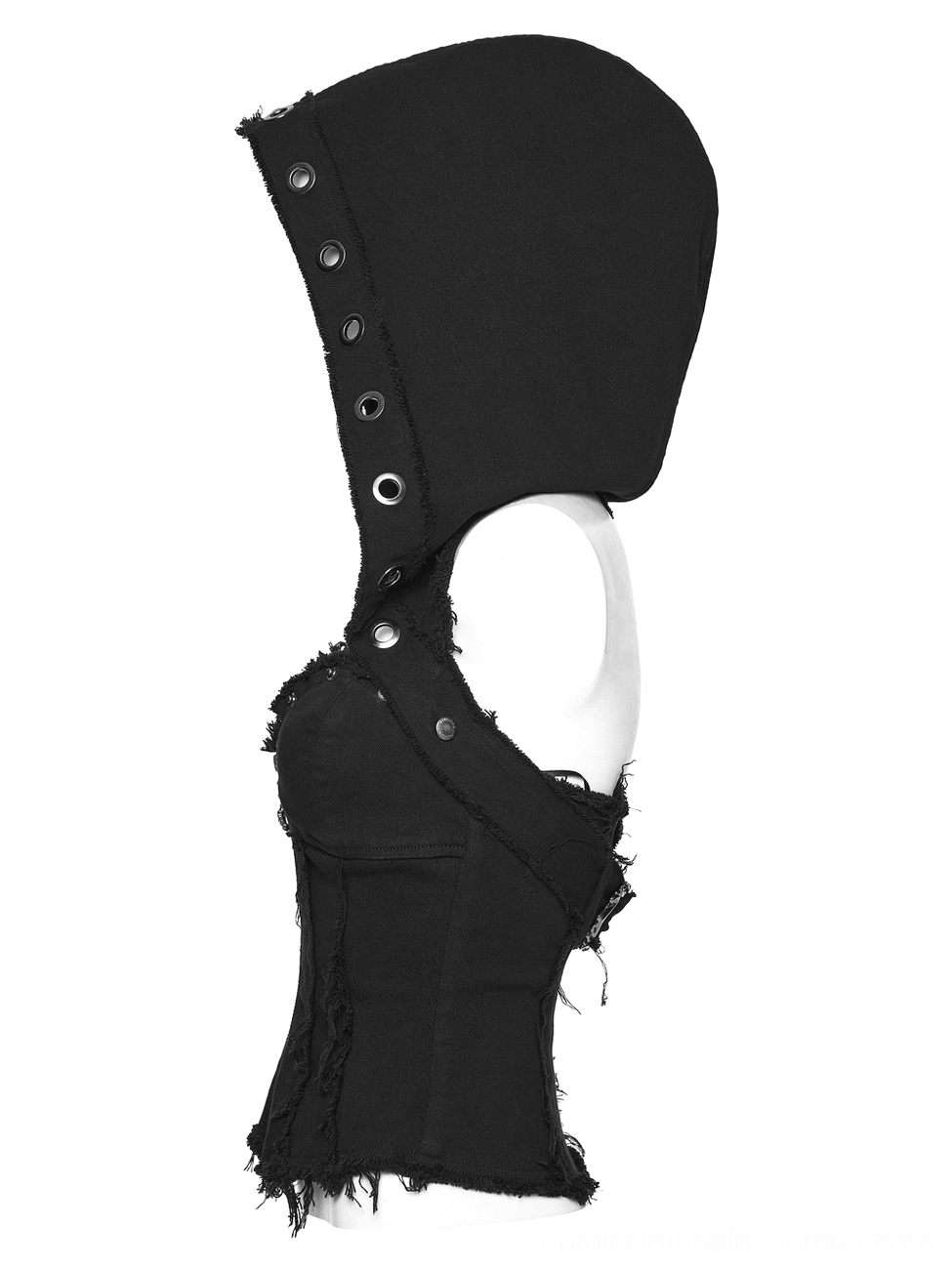 Side profile of black denim hooded corset vest on mannequin displaying cropped silhouette and attached hood design