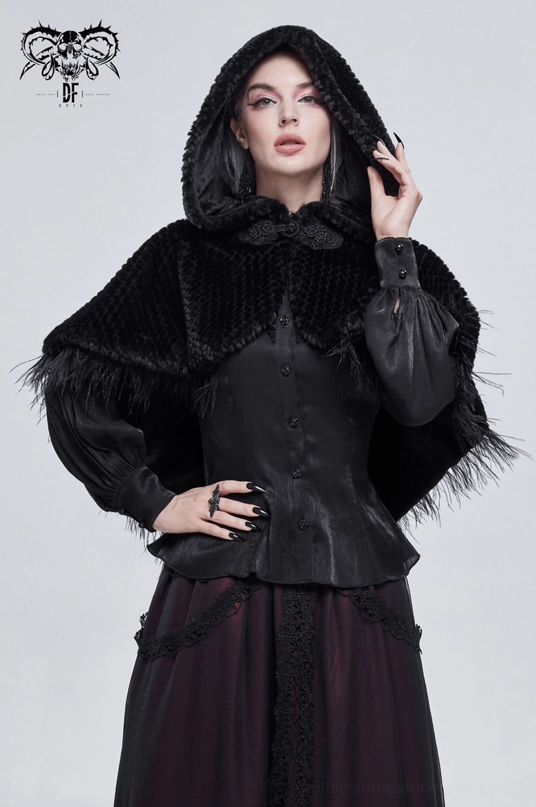 Black hooded gothic cape showcasing dramatic silhouette with feathered edges and frog fasteners