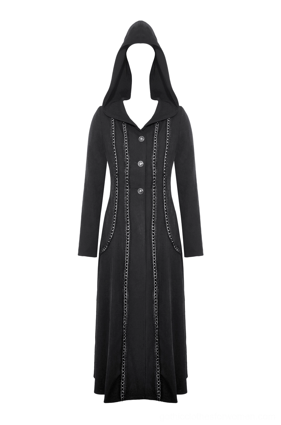 Flat lay front display of black gothic hooded coat showing full-length silhouette and attached hood
