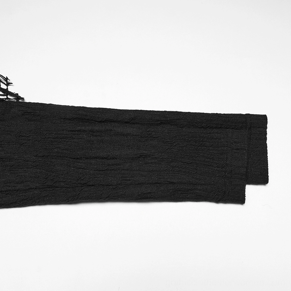 Black gothic punk top long sleeve fabric detail showing wrinkle and drape of knit material