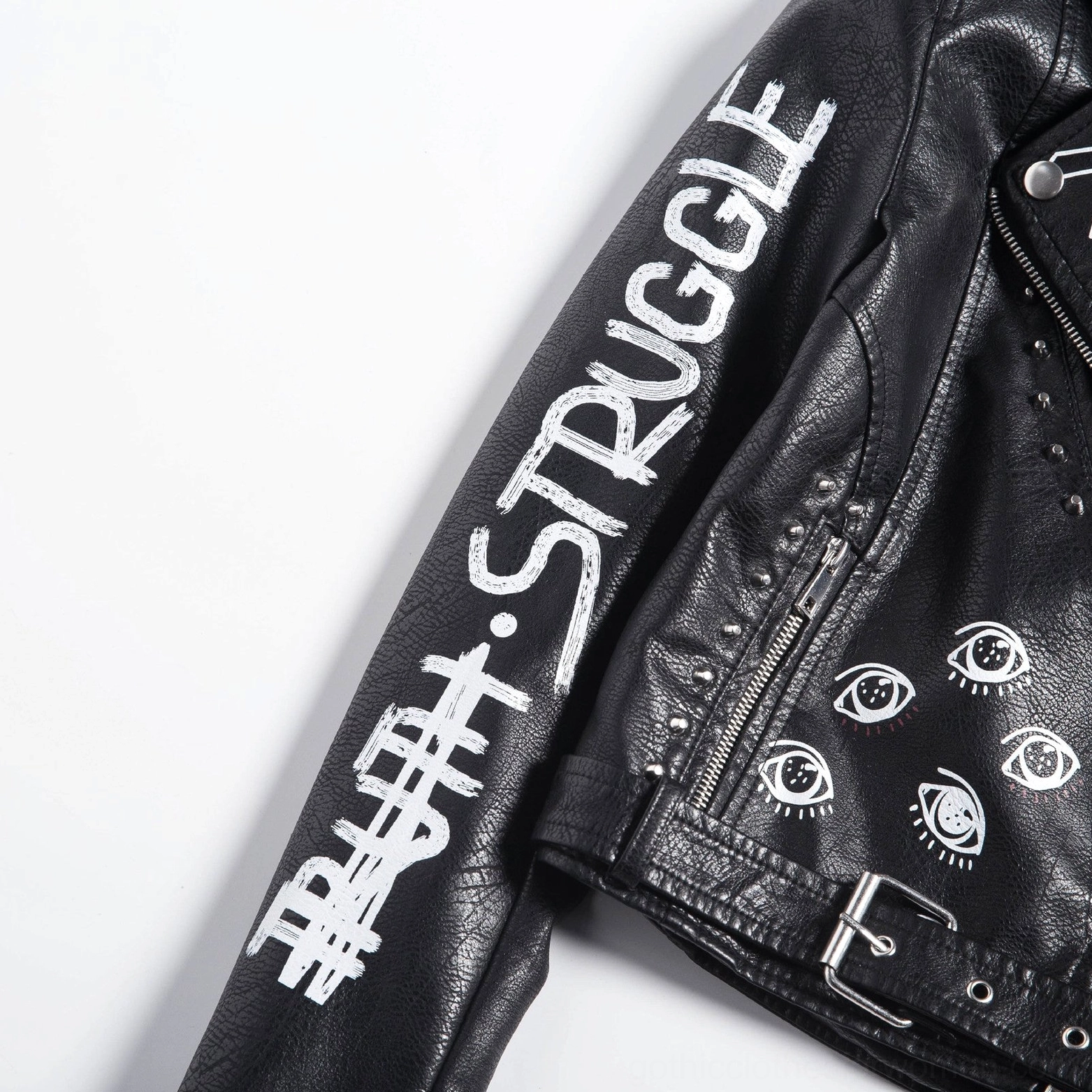 Front view black motorcycle jacket with turned-down collar epaulet details and strategic stud placement on PU leather