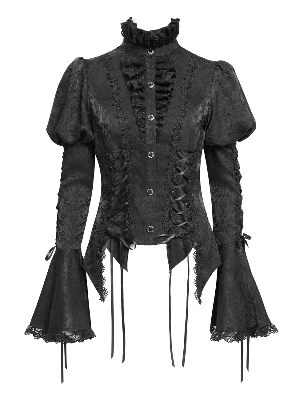 Black Jacquard Gothic Blouse Front Flat Lay - Ruffled Stand Collar and Side Corset Lacing