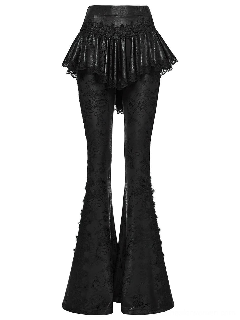 Black jacquard gothic trousers with lace peplum flat lay detail