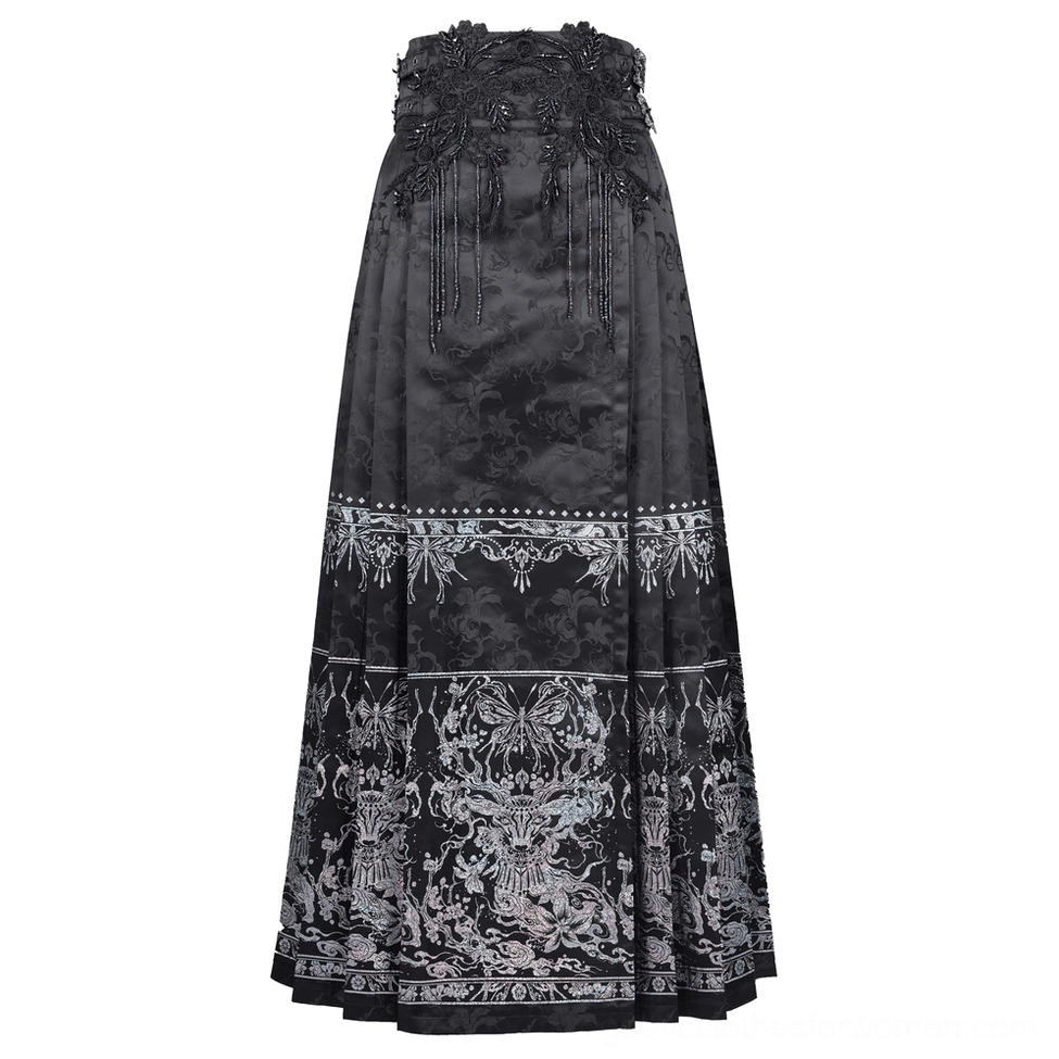 Black jacquard gothic maxi skirt flat lay front view showing intricate silver embroidery and floral vine patterns on premium fabric