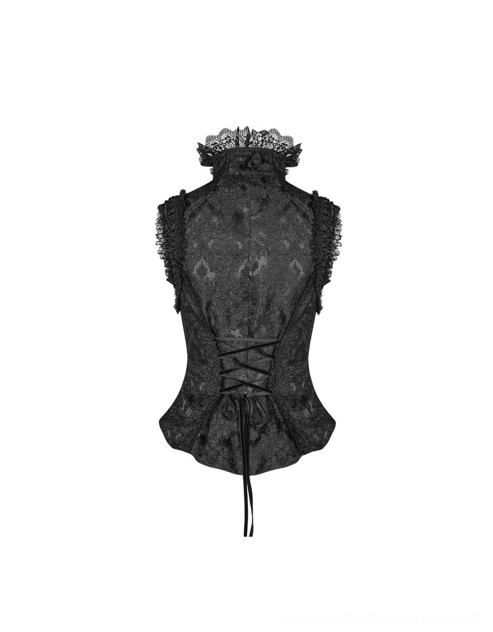Back flat lay of black gothic waistcoat with satin ribbon lace-up corset closure and ruffled lace collar detail
