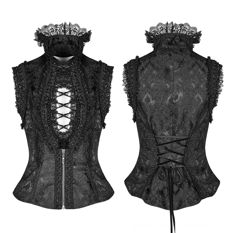 Black gothic waistcoat flat lay front and back detail showing jacquard texture, lace collar, and zipper
