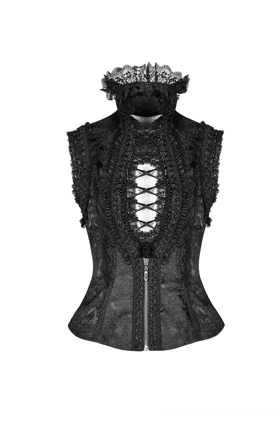 Front view flat lay of black jacquard gothic waistcoat highlighting ruffled lace collar and front lace-up hollow design