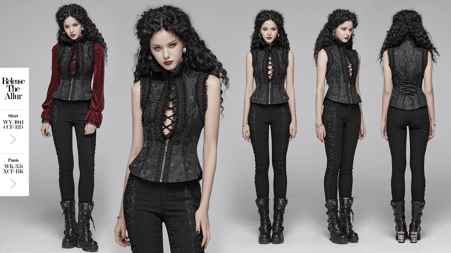 Black jacquard gothic waistcoat primary product image showing high collar, sleeveless cut, and front design