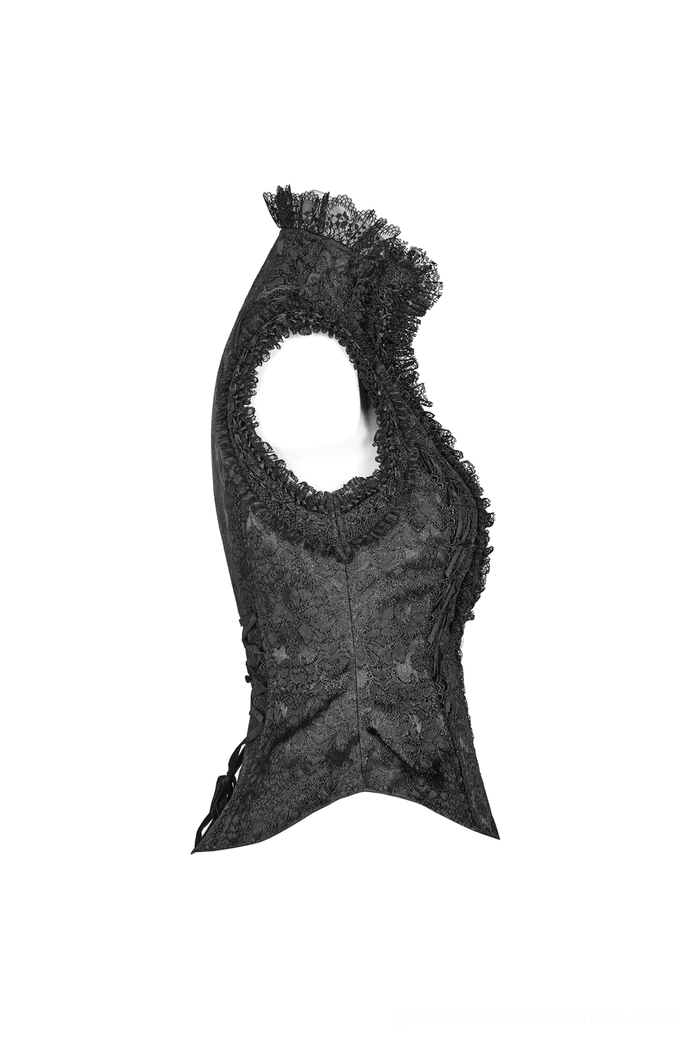Side view flat lay of gothic waistcoat showing curved waist hem and frilled lace edging on sleeveless design