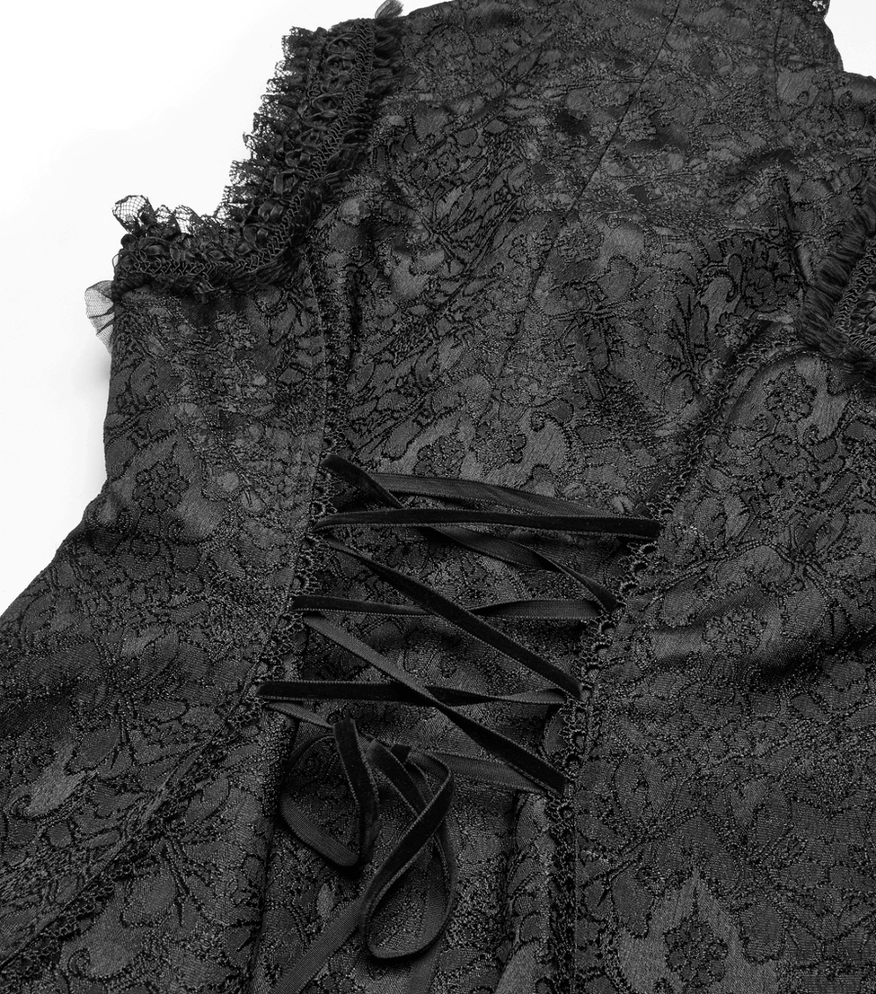 Close-up back closure detail of gothic waistcoat showing satin ribbon lace-up and ruffled lace edge