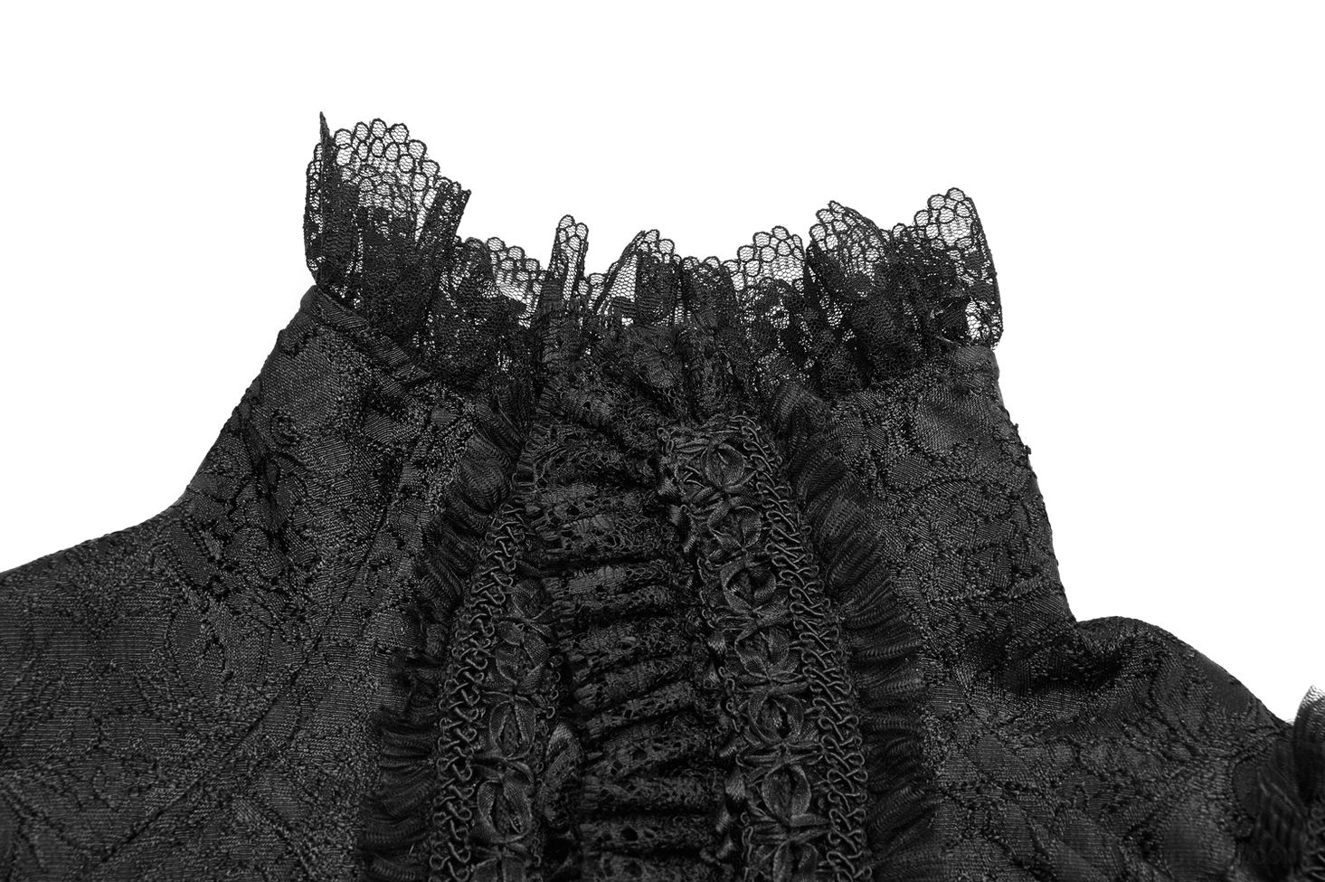 Close-up detail of ruffled lace collar on black jacquard waistcoat showing pleated lace trim and dark texture