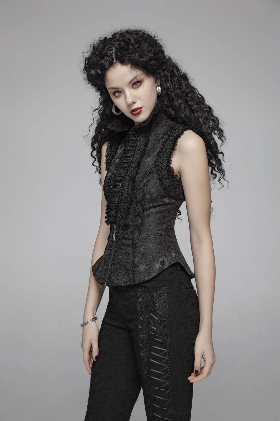 Black jacquard gothic waistcoat front zipper detail and lace-up hollow design showcase