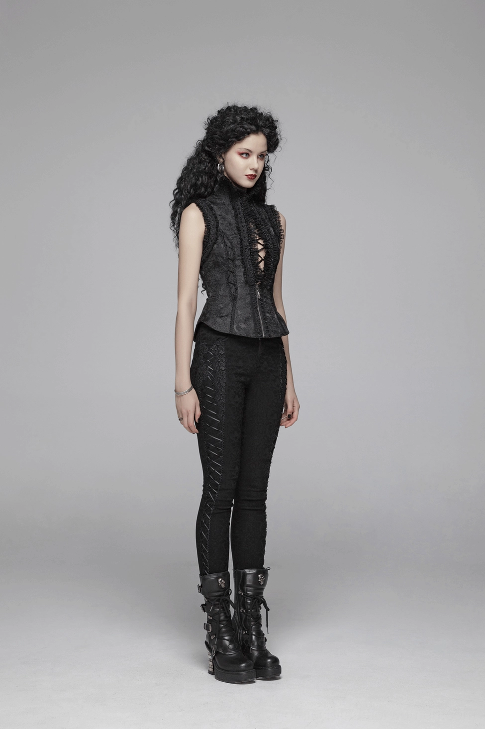 Black gothic waistcoat full product shot from front showing structured silhouette and lace detailing