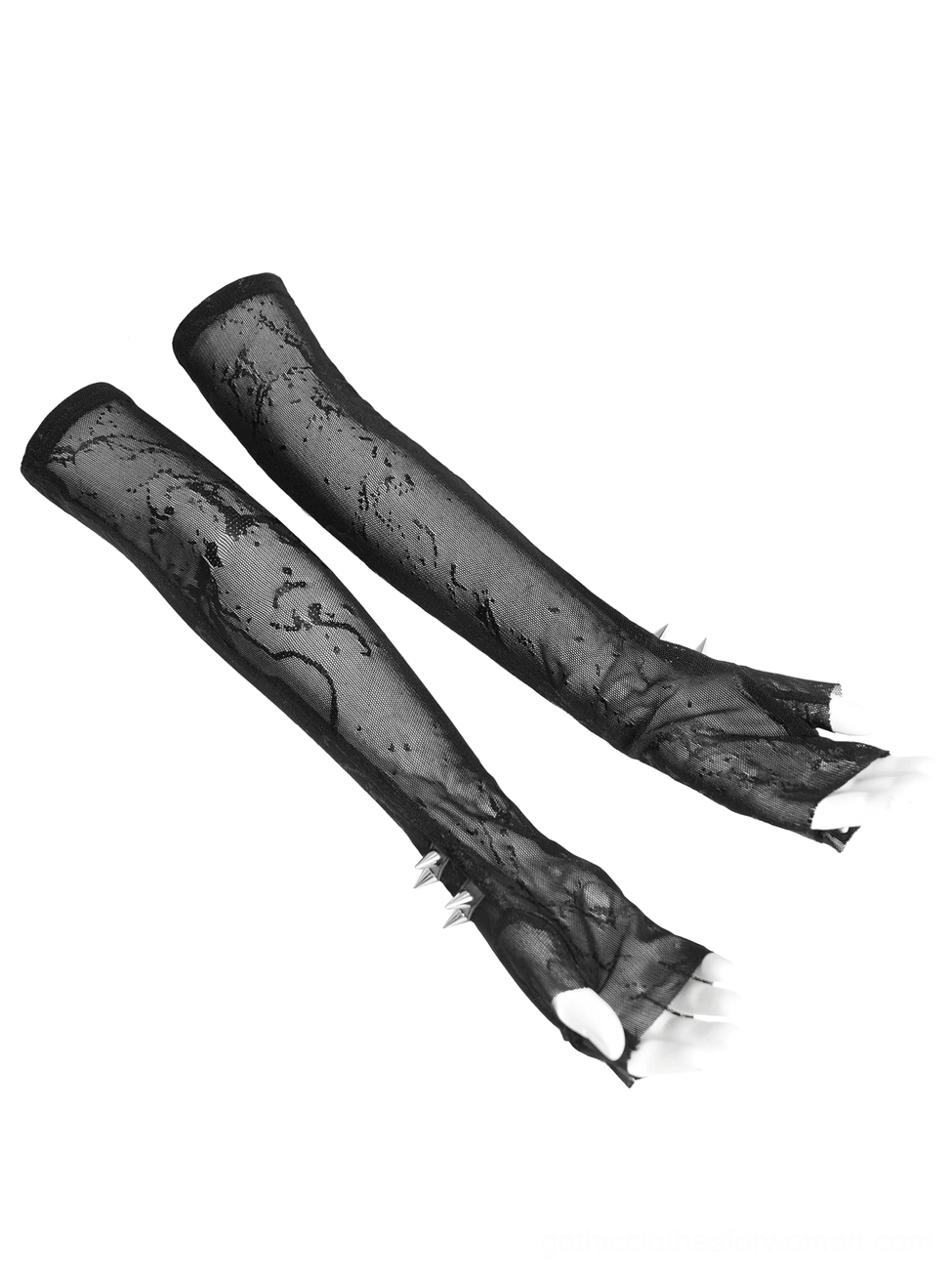 Product display of black gothic arm sleeves with sheer mesh lace and irregular spiked cuff design, flat lay angle