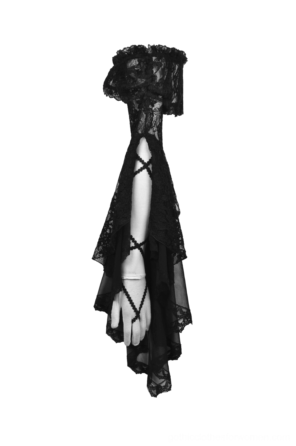 Black lace bell sleeve arm cover displayed on mannequin hand, close-up showing crisscross strap detail and irregular hem