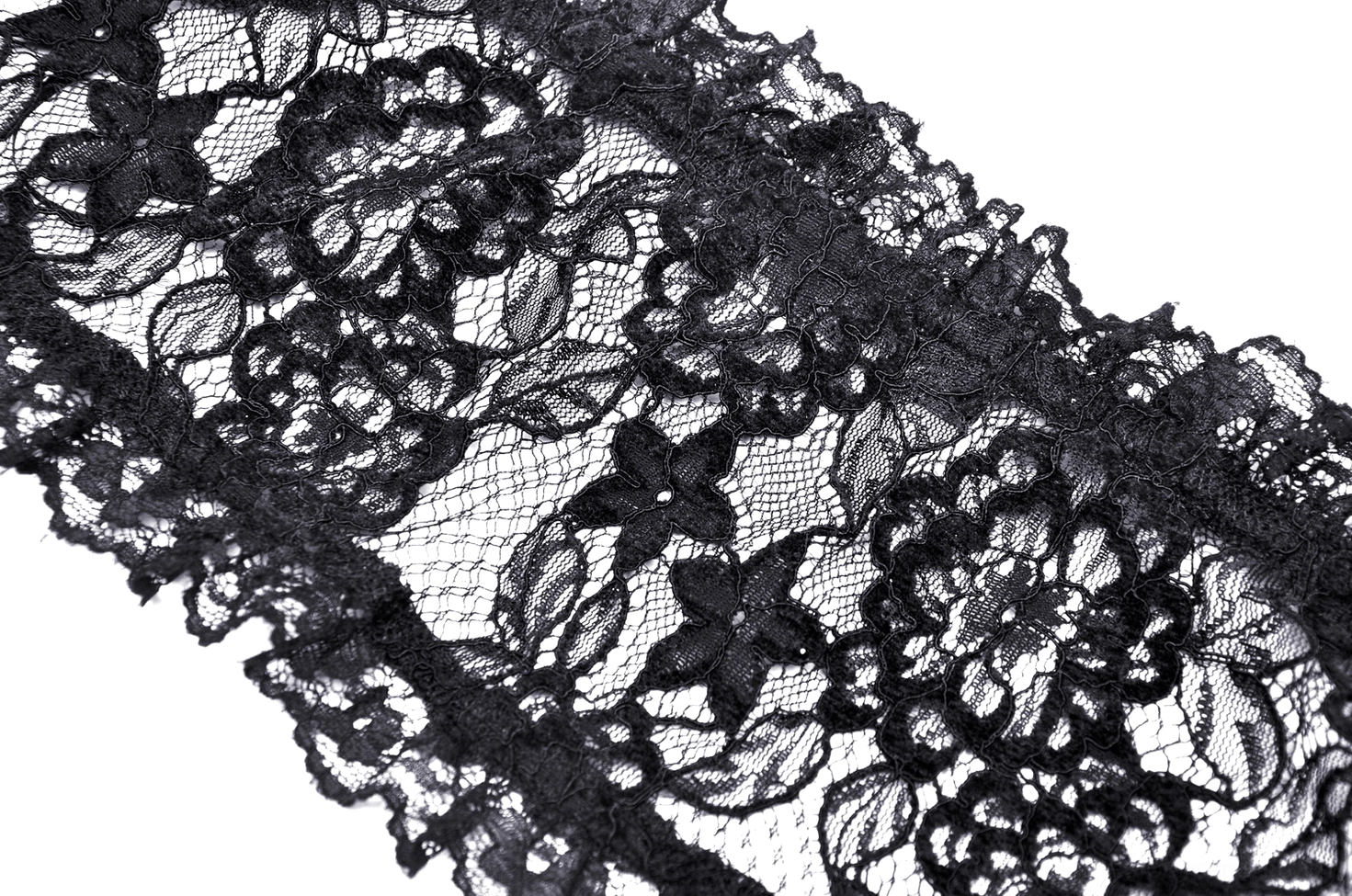 Black lace bell sleeve bolero, sleeve drape and sheer fabric texture display for gothic fashion styling