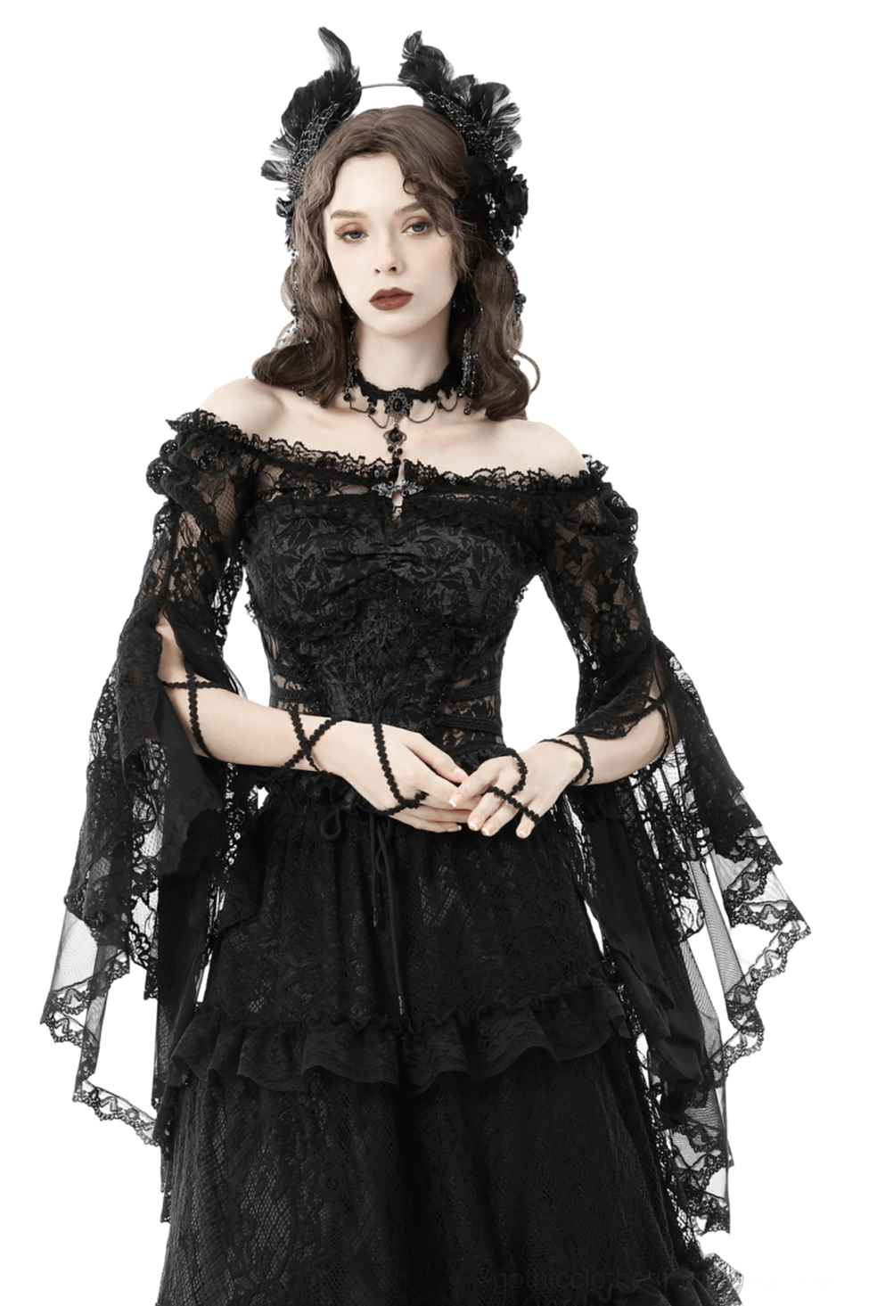 Gothic black lace bell sleeve off-the-shoulder bolero on female model, front full view showcasing sheer ruffled lace bell sleeves