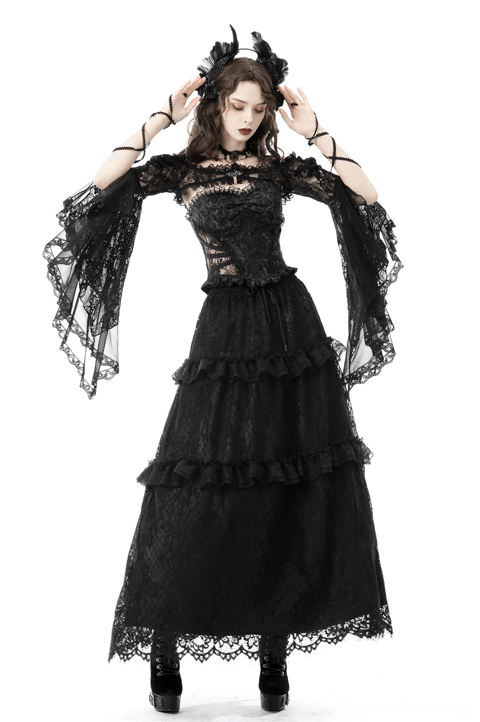 Black lace bell sleeve bolero shrug, layering piece for gothic outfit with dramatic bell sleeve detail