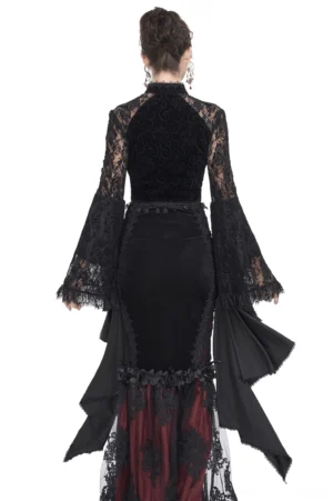 Gothic lace crop top worn by model showing back view, sheer lace sleeves and rear silhouette detail