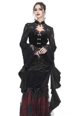 Black sheer lace crop top with dramatic bell sleeves on fashion model, front three-quarter view showing scalloped neckline and extended arm draping