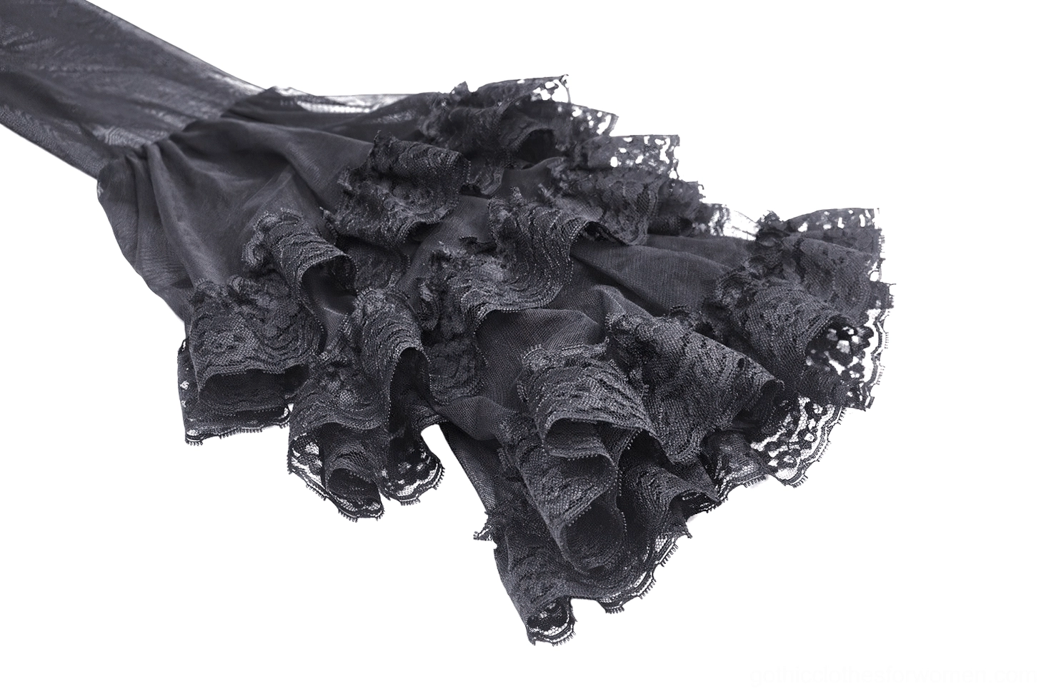 Bell sleeve cuff close-up featuring tiered lace ruffles and sheer mesh construction