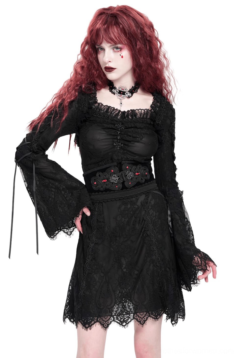 Black gothic lace mini dress with bell sleeves and square neckline on red-haired model, front view