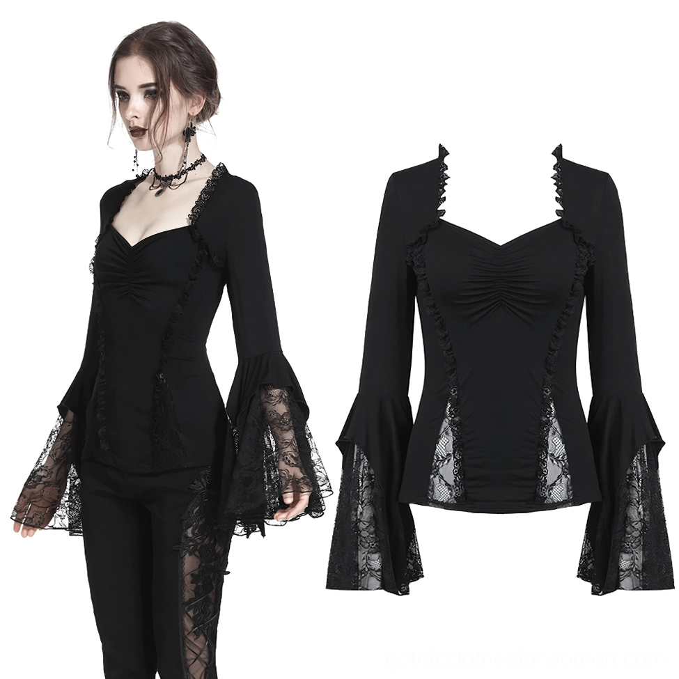Front flat lay of black gothic lace top with sweetheart neckline and ruched detail