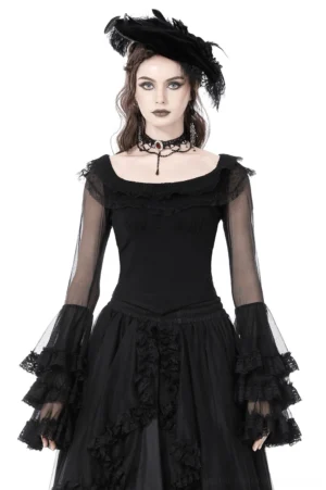 Black lace bell sleeve gothic top with sheer mesh ruffled cuffs - front view on model