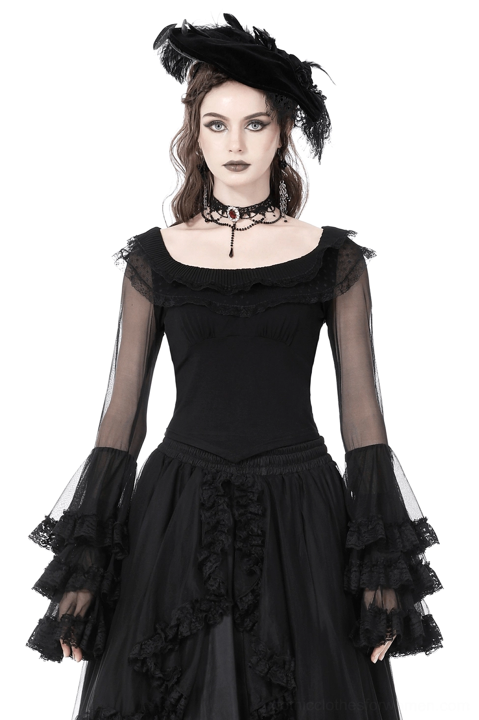 Black lace bell sleeve gothic top with sheer mesh ruffled cuffs - front view on model