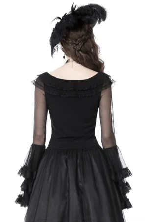 Gothic off-shoulder lace top with tiered ruffled mesh sleeves - back view styling