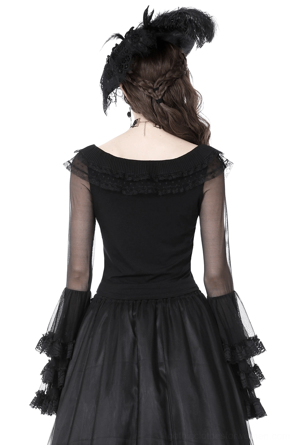 Gothic off-shoulder lace top with tiered ruffled mesh sleeves - back view styling