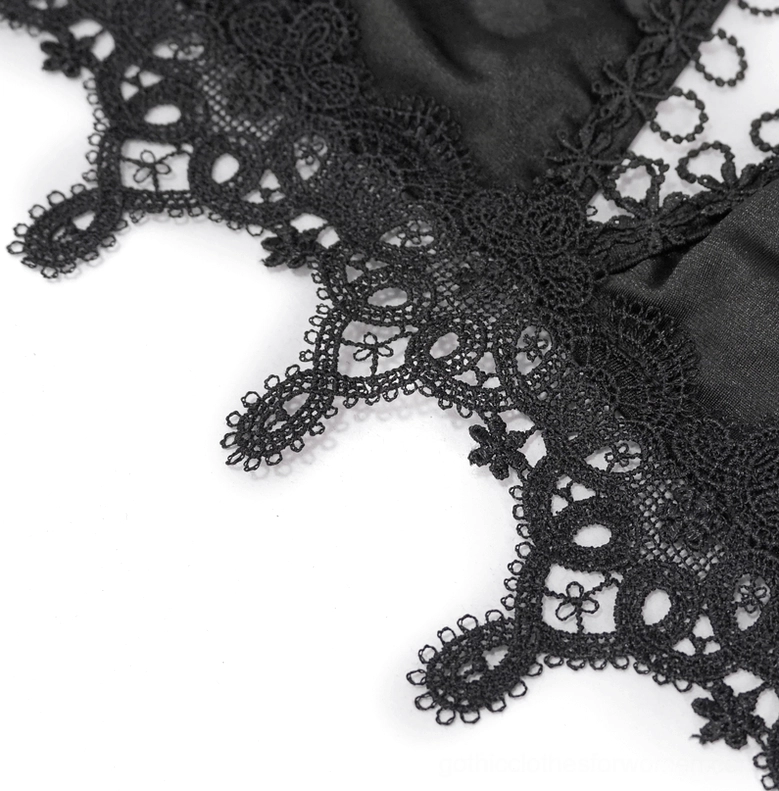 Black lace gothic bikini close-up showing spandex blend fabric quality and appliqué craftsmanship
