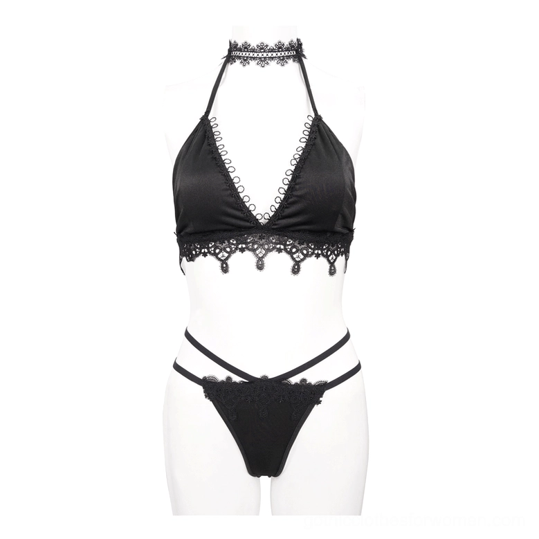 Black lace bikini set on mannequin front display - halter top and thong bottom with lace decoration