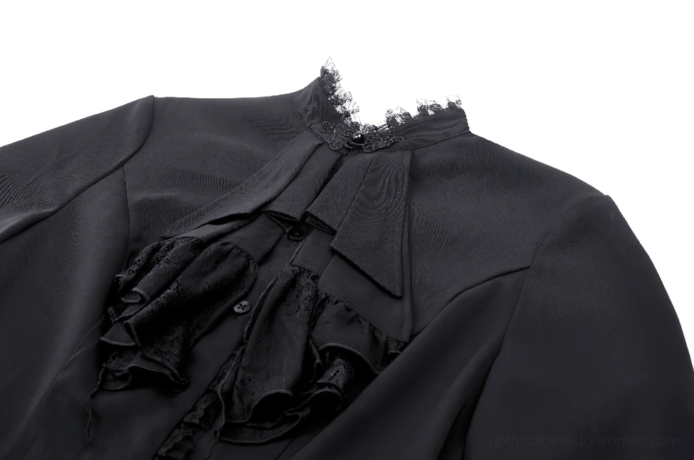 Close-up detail of black gothic blouse ruffled lace chest panel and hidden button closure showing intricate lace work and hidden fastening system
